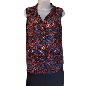 H&M Floral Collared Blouse Button Down Tunic Tank Top Sleeveless Flowers Flowy